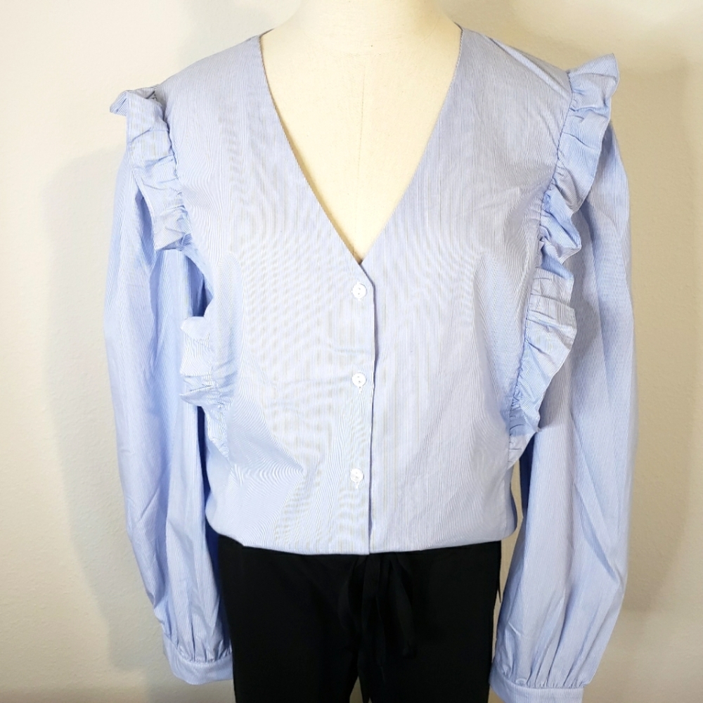 MARC NEW YORK Blue & White Pinstripe Long Sleeve V-Neck Poplin Blouse--NWT--L